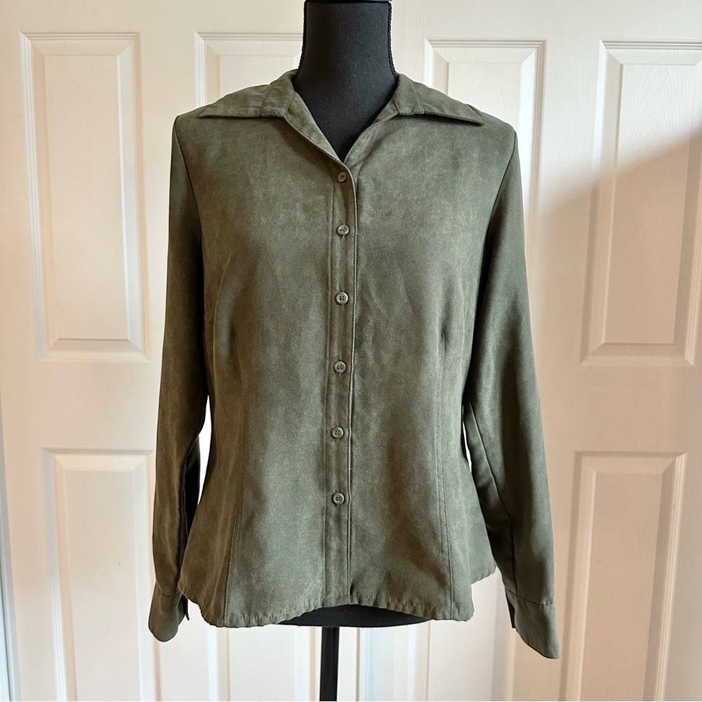 Sonoma Olive Green Fitted Faux Suede Button Down Collared Shirt